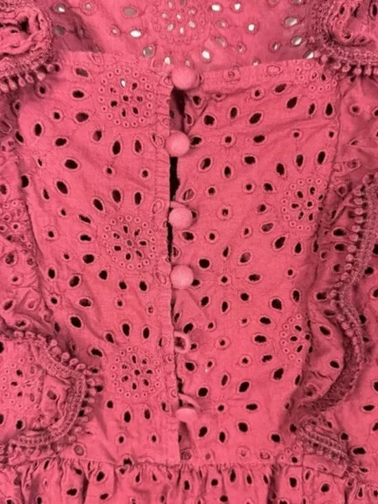 Madewell Red Burgundy Laser Cut Eyelet Peplum Button Down top Blouse Boho Office - Picture 4 of 5